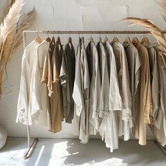 a rack of womens clothing, neutral tone shirts and blouses hung up, ui, ui/ux, photoshoot quality views, pinterest aesthetic, clothing rack in the middle of the room Ai generative 