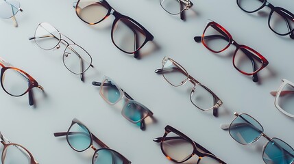 Many different stylish glasses on light grey background flat lay : Generative AI