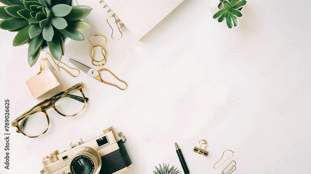 Aufkleber Flat lay top view office table desk feminine desk workspace with succulent retro camera scissors diary glasses and golden clips on white background : Generative AI