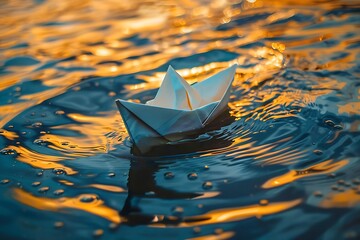 Origami paper boat sailing on water causing waves and ripples .