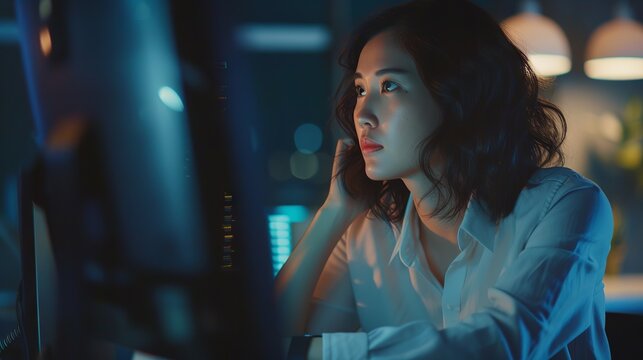 Focused programmer developing innovative software, diligent businesswoman engaged in corporate strategies on her computer in a modern office setting