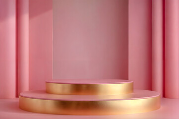 A pink and gold display stand or podium against a pink wall.A black and red platform with a black circle on top of it against a black striped background.