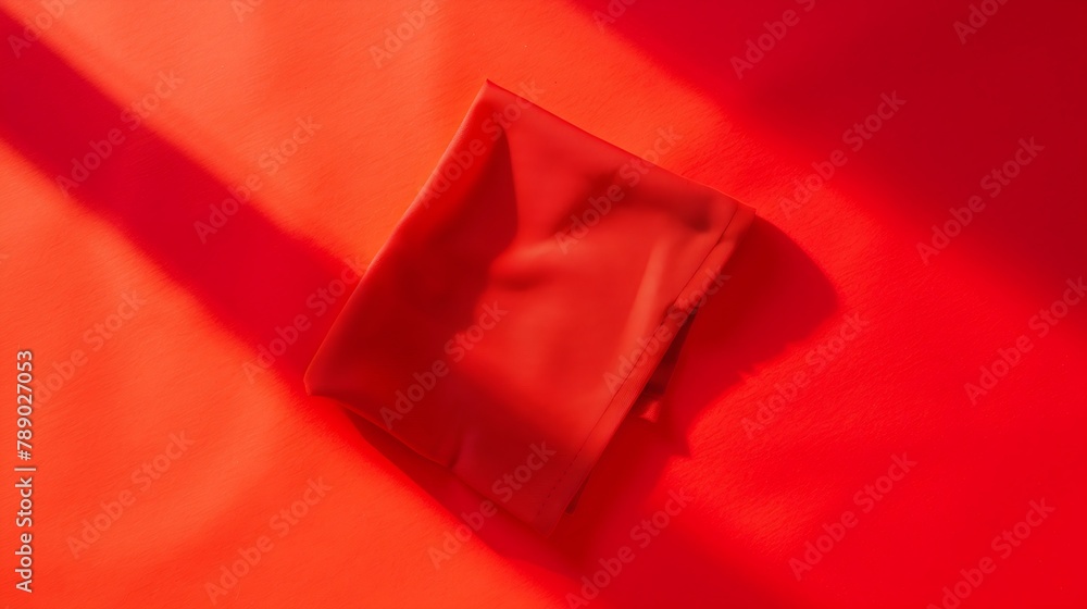 Aufkleber top view with red empty kitchen napkin isolated on table background Folded cloth for mockup with copy space Flat lay Minimal style : Generative AI