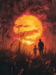 Fathers day theme with silhouette of father walking with his child on the meadow at sunset