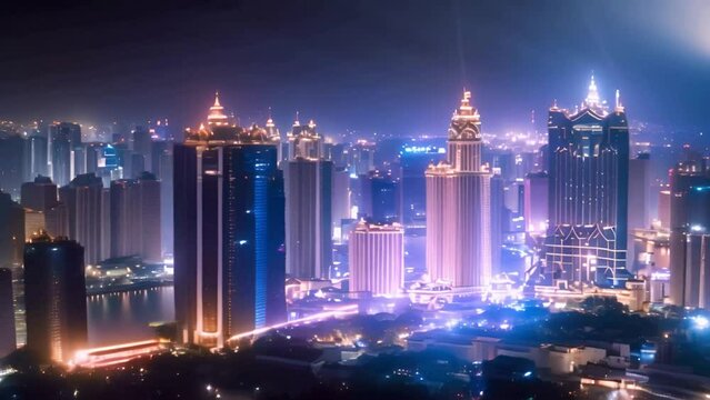 Macau Cityscape skyline and skyscrapers at night, All hotels and casino towers lighten with night sky