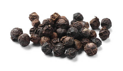 Aromatic spice. Many black dry peppercorns isolated on white