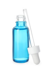 Bottle with cosmetic product and pipette isolated on white