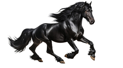 Black Friesian Horse Galloping, Full Body Shot on a white background 