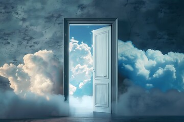 Open door with graphic clouds .