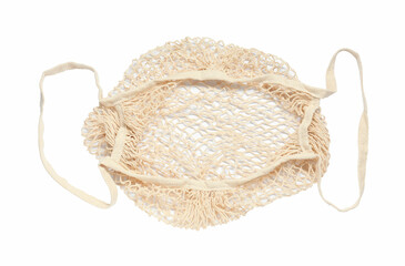 One beige string bag isolated on white, top view
