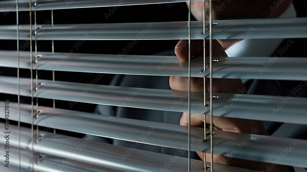 Poster closeup of hands of business man view through blinds : generative ai