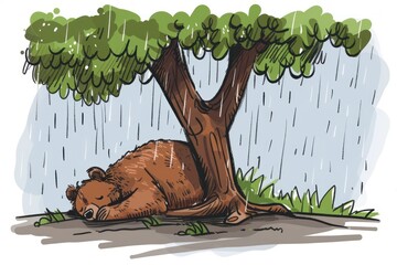 Cartoon cute doodles of a contented panda munching on bamboo shoots while sitting under a bamboo canopy in the rain, Generative AI - obrazy, fototapety, plakaty