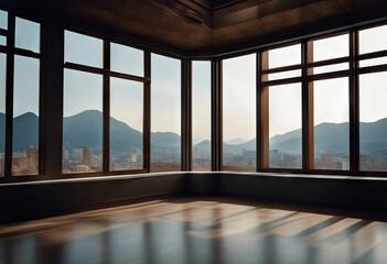 view large windows room corner Empty hall loft gallery office three-dimensional apartment architecture background blank building business ceiling clean design estate floor glasses