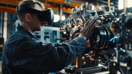 technician wearing a head-mounted display repairs a complex piece of machinery using remote assistance technology