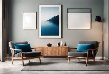 Concept apartment living two stone furniture design modern blue room relax mockup wall posters armchairs grey Framed floor interior 1 vertical poster armchair