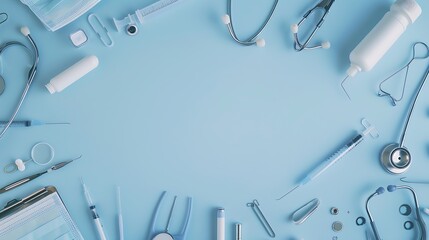 Table top view aerial image of accessories healthcare  medical background conceptEssential instruments or equipment tools on blue paperFlat lay essential items for doctor using treat p : Generative AI - Powered by Adobe