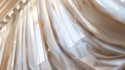 Curtains on full height windows in the interior of the house Curtain rods installed in the ceiling at an angle to the horizon Cornices with beige drapes and white tulles Interior detai : Generative AI