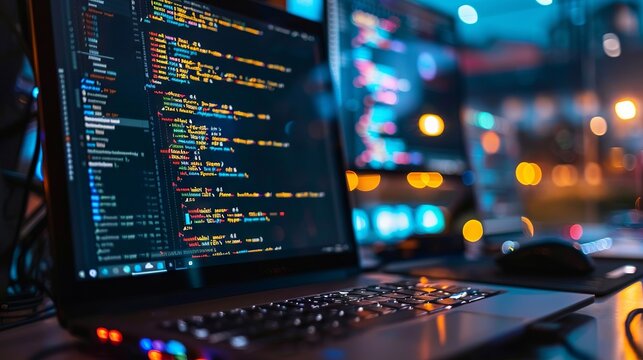 Abstract visualization of programming code with software development concepts on a digital background