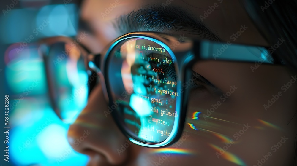Poster Closeup Portrait of Software Engineer Working on Computer Line of Code Reflecting in Glasses Developer Working on Innovative eCommerce Application using Big Data AI Stylish Macro Shot  : Generative AI
