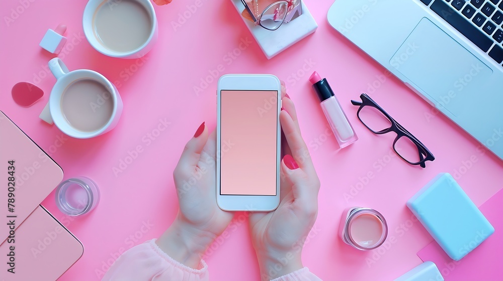 Poster close up feminine workspace with smartphone in female hands latte ice notebook spectacles nail polis