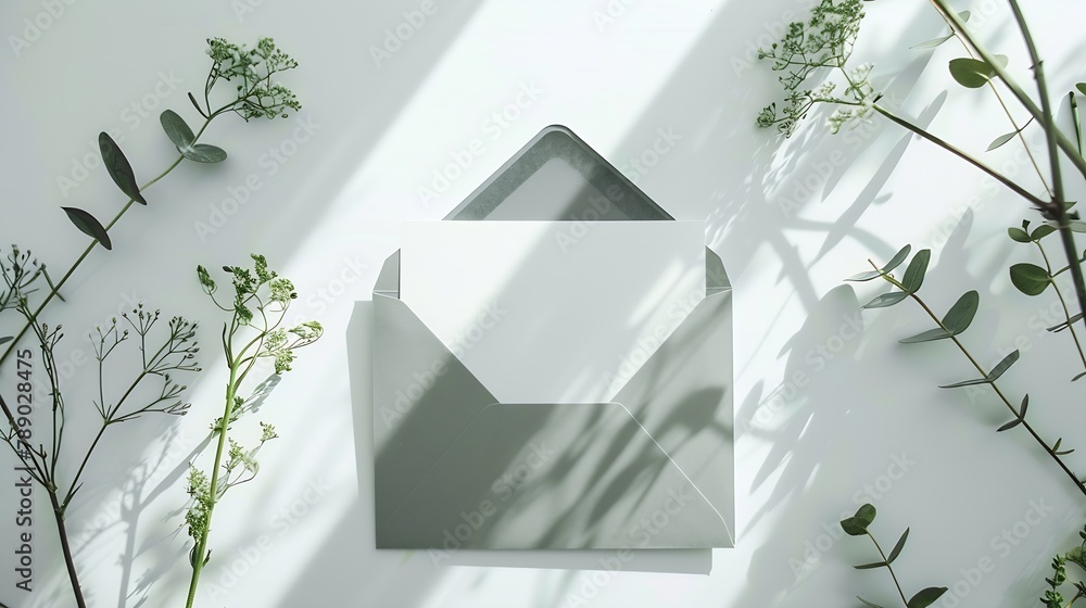 Poster Mock up card with plants Invitation card with grey envelope on white background : Generative AI