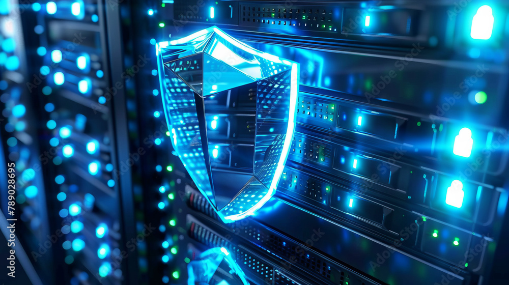 Poster a computer server with a blue shield on it