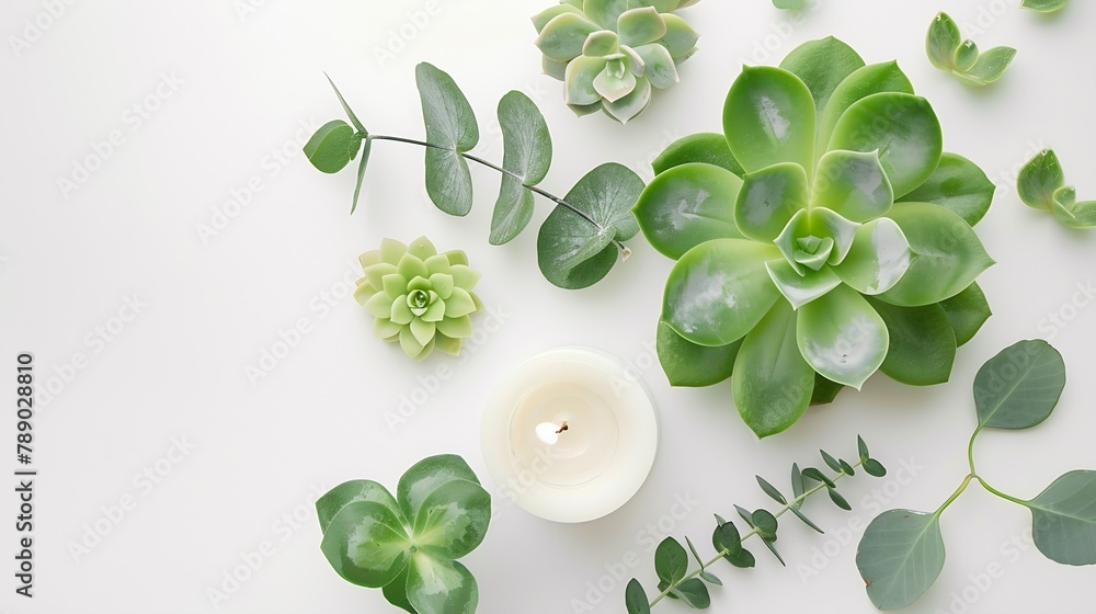 Wall mural eucalyptus green succulent candle leaves isolated on white background flat lay overhead view : Generative AI