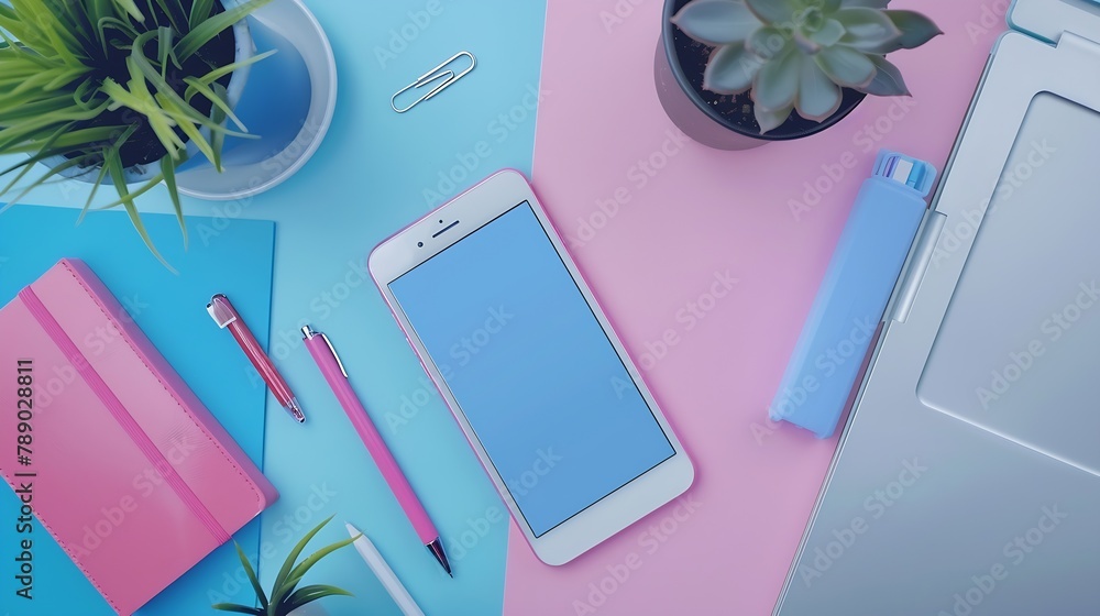 Aufkleber Creative flat lay design of workspace desk with laptop blank notebook smartphone and stationery with copy space background : Generative AI