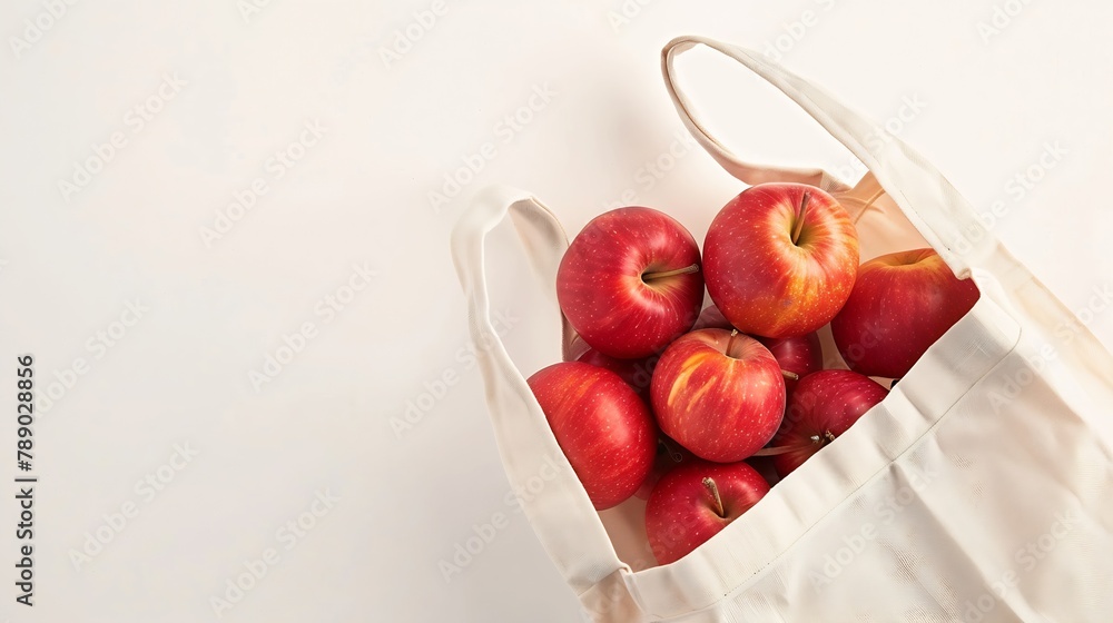 Aufkleber red ripe apples in shopping bag on white background autumn apple flat lay top view copy space autumn