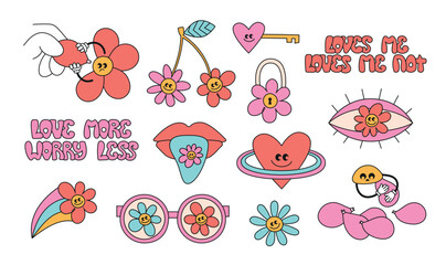 Groovy cartoon hippie love sticker pack. Hippie 60s, 70s style flowers, daisy, camomile, cherry, heart. Divination Loves me with camomile