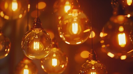 Classic sphere lighting bulbs are glowing in orange warming shade there are hanging from ceiling in...