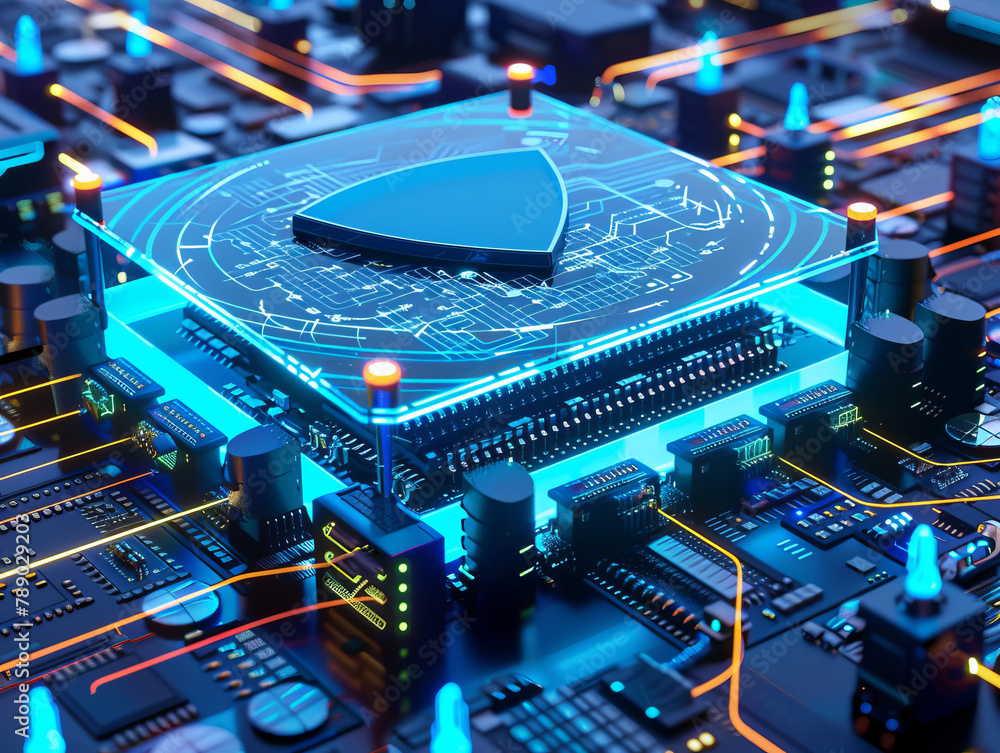 Poster a computer chip with a blue shield on it