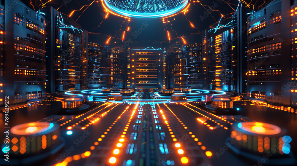 Aufkleber a computer server room with many servers and a large glowing orb in the center
