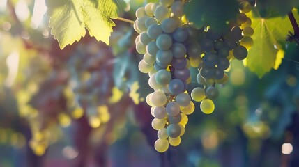 Close up of grapes hanging on branch Hanging grapes Grape farming Grapes farm Tasty green grape...