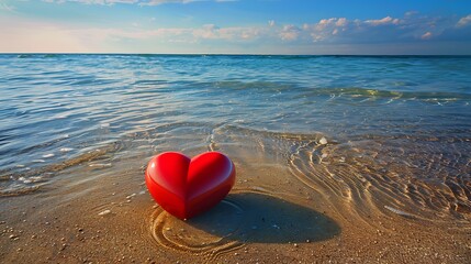 Red heart shaped round blue rubber ring at the waters edge of the clear shallow sea at penn vounder beach