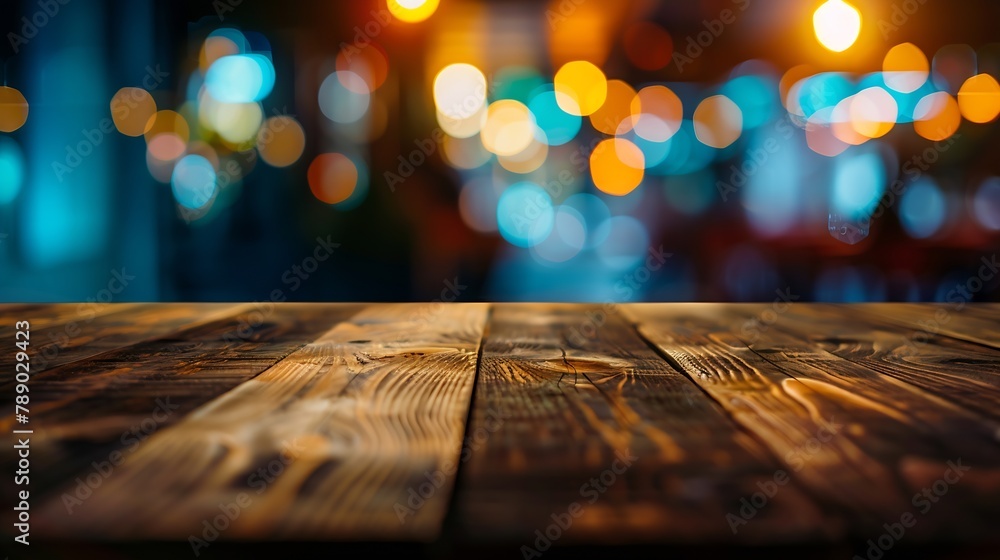 Poster wooden table blurred bokeh background background neon light night view closeup the general backgroun