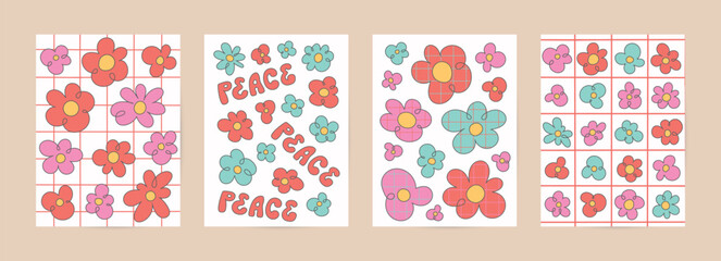 Groovy cartoon card templates. Retro poster with psychedelic flowers