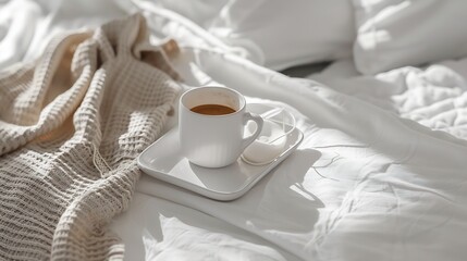 Espresso in hand tray with white ceramic espresso coffee maker on trendy macrame pad Sleep mask on crumpled bed sheets Cup of espresso Good morning Simple minimal flat lay : Generative AI