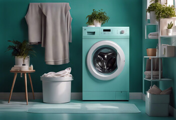 wall background machine teal washing laundry laundered room bathroom interior home washer household house dryer floor clean basket modern routine design blue housework nobody housekeeping