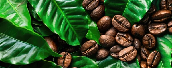 Close up of the fresh roast coffee beans put on the green leaves. - obrazy, fototapety, plakaty