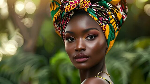 This stunning image captures a black woman in a traditional African headwrap but with a twist a pop of bright tropical colors that hint at the Latin American influence. She stares .