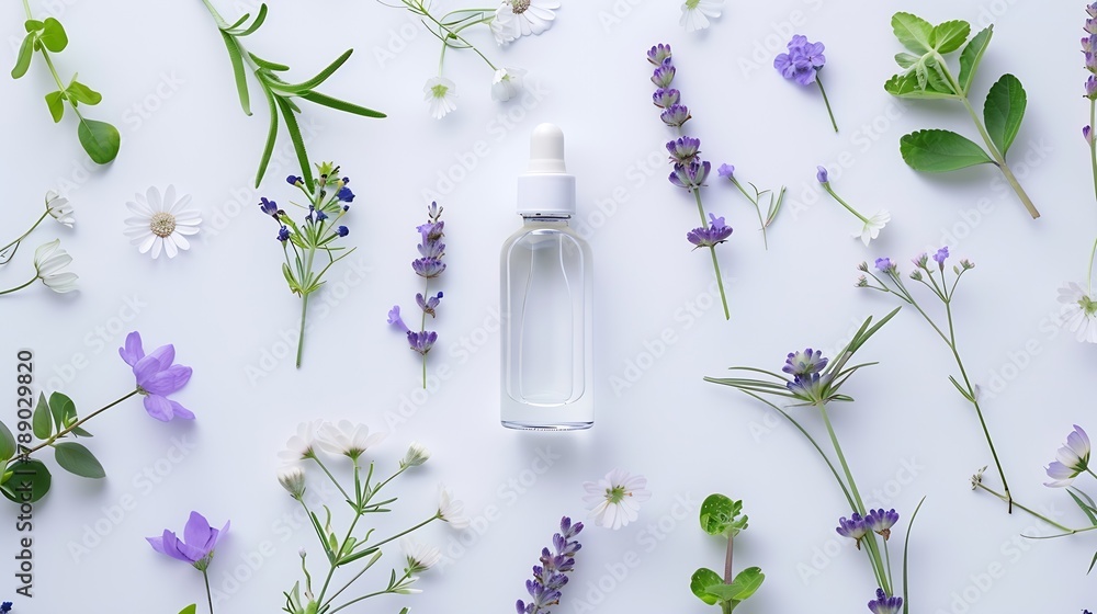 Poster lavender essential oil in bottle fresh flowers and leaves isolated on white background creative layo