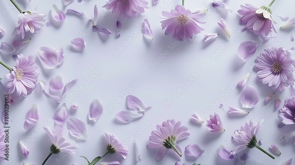 Poster Frame of chamomiles branches leaves and lilac petals on white background Flat lay top view : Generative AI