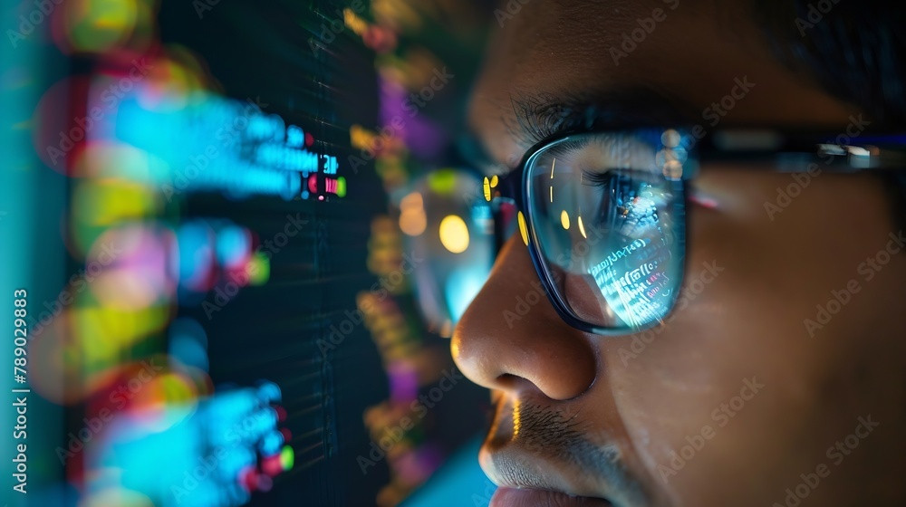 Aufkleber Closeup Portrait of Software Engineer Working on Computer Line of Code Reflecting in Glasses Developer Working on Innovative eCommerce Application using Machine Learning AI Algorithm B : Generative AI