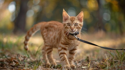 Red striped exotic cat with a leash walking in the yard