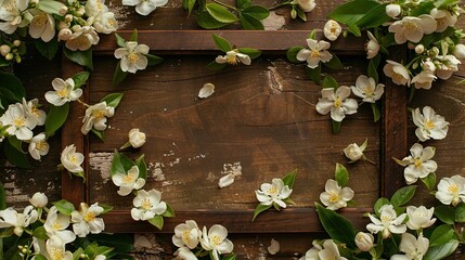 Adorning a rustic brown frame delicate jasmine flowers are beautifully arranged with a precise clipping path