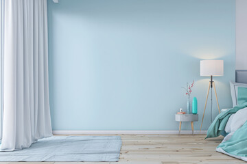 Bedroom with minimalist decor and minimal furniture in soft pastel tones. Interior design composition.