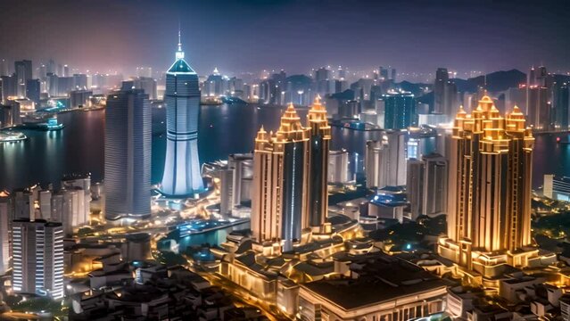 Night Skyline and Skyscrapers of Macau Cityscape