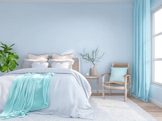 Bedroom with minimalist decor and minimal furniture in soft pastel tones. Interior design composition.