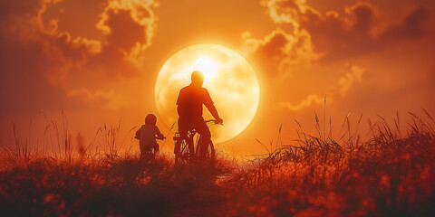 Fathers day theme with father riding bike with his child on the meadow against the sun at sunset